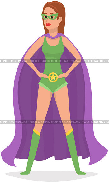Superwoman stands and has superpowersto to defend planet. Cartoon character in superhero costume with purple cloak, mask and emblem stands on white background. Girl protects people from villains. Superwoman stands and has superpowersto to defend planet. Cartoon slender girl in superhero costume. Стоковая иллюстрация, агентство Ingram Publishing / Фотобанк Лори