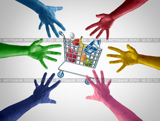Supply shortage concept and consumer demand panic as diverse hands reaching for an almost empty supermarket shopping cart due to factory shutdown caused by manufacturing problem with 3D illustration elements. Стоковое фото, агентство Ingram Publishing / Фотобанк Лори