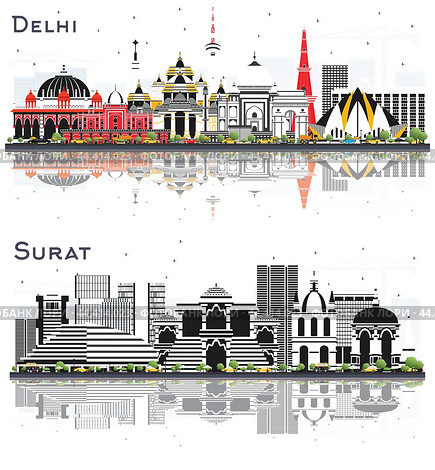 Surat and Delhi India City Skyline Set. Стоковая иллюстрация, иллюстратор Игорь Сорокин / Фотобанк Лори