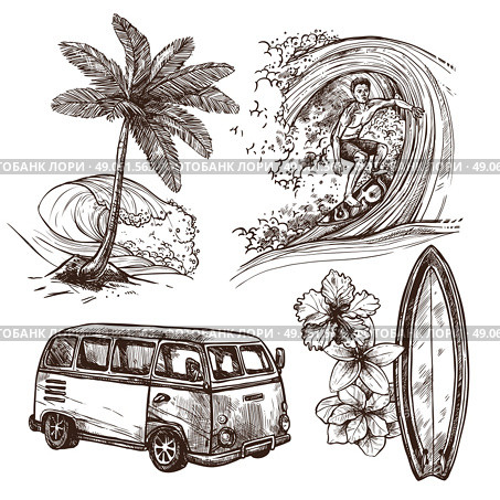 Surfing Sketch Icon Set. Surfing sport and lifestyle wave surfboard beach and van sketch decorative icon set isolated vector illustration . Стоковая иллюстрация, агентство Ingram Publishing / Фотобанк Лори