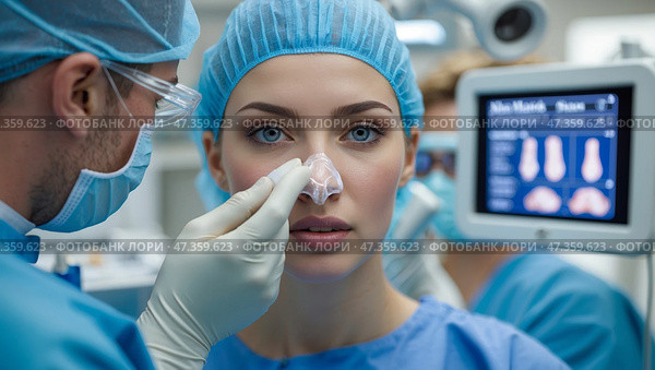 Surgeon preparing patient for procedure in modern operating room with advanced medical equipment. Стоковое AI-изображение, AI-художник Сергей Толмачёв / Фотобанк Лори