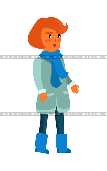Surprised girl in warm winter clothes isolated on white in cartoon style. Vector icon of female small kid with red short hair in blue scarf and boots, light sheepskin coat and jeans with weird look. Surprised Girl in Warm Winter Clothes Isolated. Стоковая иллюстрация, агентство Ingram Publishing / Фотобанк Лори