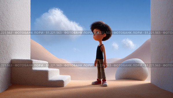 Surreal desert scene featuring young boy standing beneath white architectural elements, cloud hovering above minimalist landscape. Стоковое AI-изображение, AI-художник Юрий Поздников / Фотобанк Лори