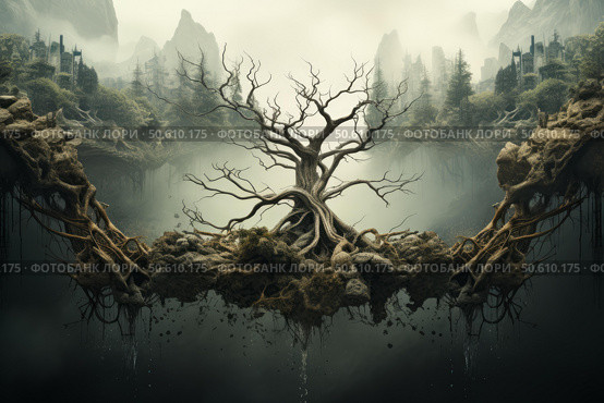 Surreal landscape with leafless tree and ruined castles growing on floating island. Стоковое AI-изображение, AI-художник Иван Рябоконь / Фотобанк Лори