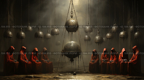 Surreal meeting of a secret society in red cloaks,Generative AI. Стоковое AI-изображение, AI-художник Анна Кривицкая / Фотобанк Лори
