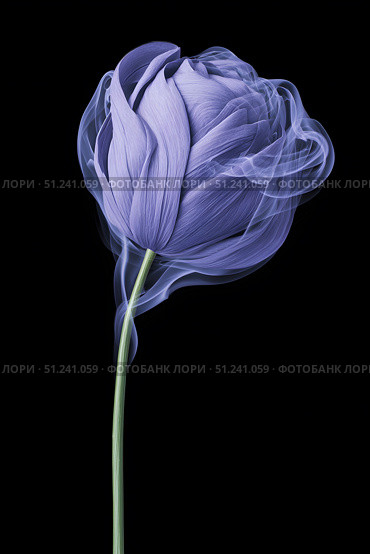 Surreal purple tulip merging with smoke, realistic floral style, isolated on black background. Concept of mystery, transformation, elegance. Стоковое AI-изображение, AI-художник Александра Рублева / Фотобанк Лори