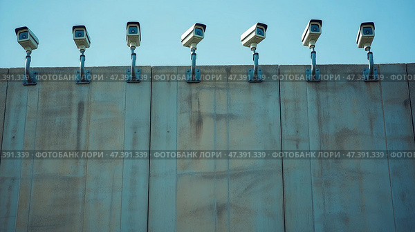 Surveillance cameras on a concrete wall, symbolizing border control and security. Ряды камер наблюдения, установленных на высокой бетонной стене, символизирующей пограничный контроль и безопасность. Стоковое AI-изображение, AI-художник Katsiaryna Repich / Фотобанк Лори