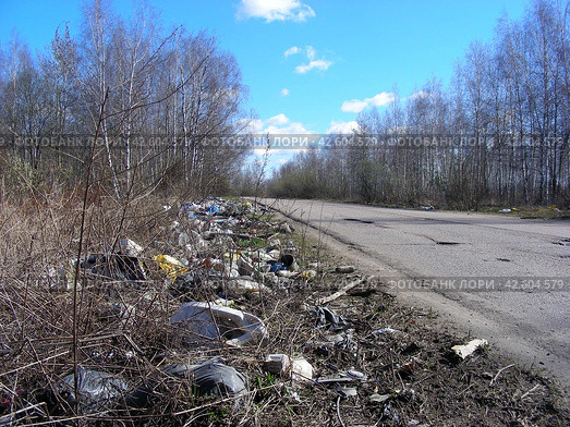 Свалка мусора на дороге. Заводская улица. Город Электроугли. Ногинский район. Московская область (2013 год). Редакционное фото, фотограф lana1501 / Фотобанк Лори