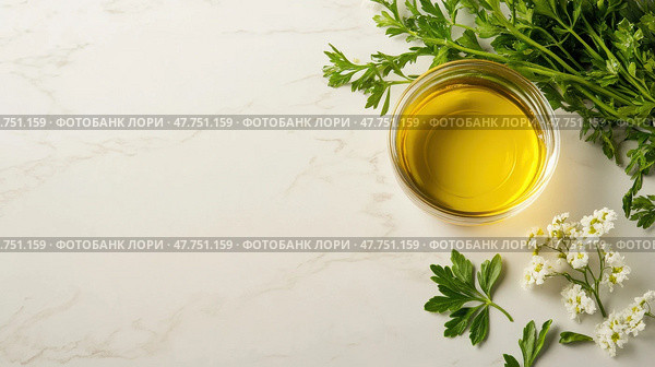 Свежие весенние травы и масло на мраморной поверхности для кулинарного и ароматерапевтического использования. Стоковое AI-изображение, AI-художник ФотоИнтеллект / Фотобанк Лори