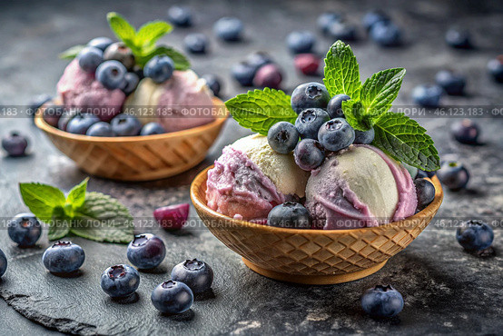 Sweet dessert. The love of ice cream. Blueberry ice cream balls and fresh blueberries. Banner, advertisement. Стоковое AI-изображение, AI-художник Photojuli / Фотобанк Лори