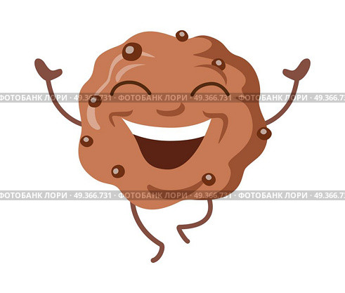 Sweets. Illustration of Smiling Chocolate Biscuit. Running chocolate biscuit isolated illustration. Sweets. Happy smiling cookie with closed eyes and raised hands. Running brown baked cracker with pieces of chocolate. Simple cartoon style. Vector. Стоковая иллюстрация, агентство Ingram Publishing / Фотобанк Лори