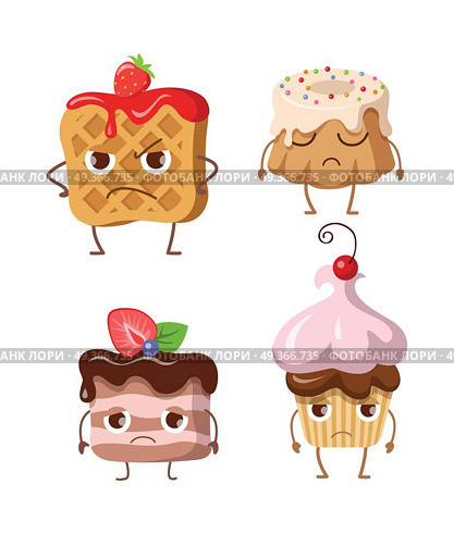 Sweets. Set of Belgian Waffle and Three Cupcakes. Sweets. Set of belgian waffle, fruit cupcake, round cake, small cake. Belgian waffle with jam and strawberry. Chocolate cupcake with topping and balls. Piece of cake with chocolate cream. Vector. Стоковая иллюстрация, агентство Ingram Publishing / Фотобанк Лори
