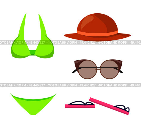 Swimming suit, and items set, summer mode collection, hat and sunglasses, flip-flops summer mode clothing, vector illustration, isolated on white. Swimming Suit and Items Set Vector Illustration. Стоковая иллюстрация, агентство Ingram Publishing / Фотобанк Лори