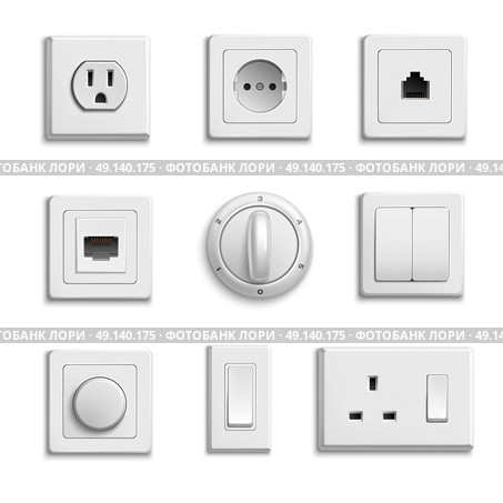 Switches Sockets Realistic Set. Square rectangular and round white switches and sockets realistic set on white background isolated vector illustration. Стоковая иллюстрация, агентство Ingram Publishing / Фотобанк Лори