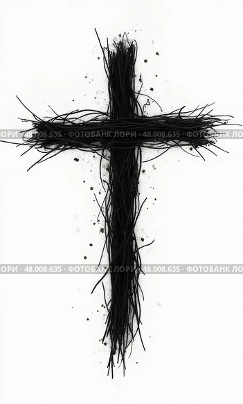 Symbol of Remembrance With Ashes Cross Representing Ash Wednesday, Funerals, and Cremation. Стоковое AI-изображение, AI-художник Sergey Grishin / Фотобанк Лори