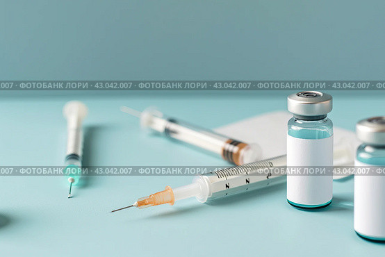 Syringe and glass vial on blue background table. Medical Vials group, needles, ampoules, bottle with medicines or vaccine. Disease treatment. Creative Banner. Anti-aging beauty injections. Vaccination. Стоковое AI-изображение, AI-художник Марина Демидюк / Фотобанк Лори