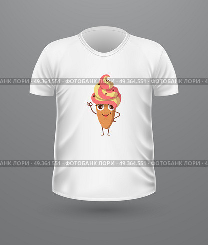 T-shirt Front View with Food Isolated on White. T-shirt front view with food isolated. Realistic t-shirt vector in flat. Ice cream characters boy and girl, doughnut, croissant. Casual wear. Cotton unisex polo outfit. Fashionable apparel. Стоковая иллюстрация, агентство Ingram Publishing / Фотобанк Лори