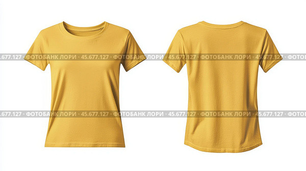T-shirt mock-up. Empty yellow female classic tee shirt front and back mockup template isolated on white background. Blank cotton red short sleeve shirt with round neck, jersey fabric. Clothing apparel. Стоковое AI-изображение, AI-художник Марина Демидюк / Фотобанк Лори