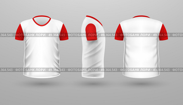 T-shirt Teplate Set. Front Side Back View. Vector. T-shirt with red sleeve template set, front, side, back view. White color. Realistic vector illustration in flat style. Sport clothing. Casual men wear. Cotton unisex polo outfit. Fashionable apparel. Стоковая иллюстрация, агентство Ingram Publishing / Фотобанк Лори