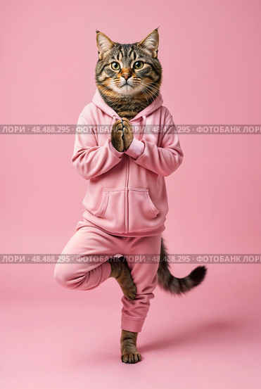 Tabby cat dressed in a pink suit, stands upright in the tree yoga pose. Vertical layout. Стоковое AI-изображение, AI-художник Катерина Ковалева / Фотобанк Лори
