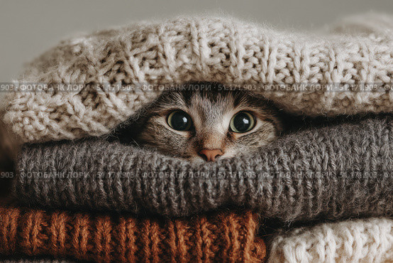 Tabby cat hiding under warm blanket at home. Cute pet. Hide and seek. Furry cat nestling between soft knitted sweaters, relaxing in comfortable hiding spot. Feline muzzle peeks out from under blanket. Стоковое AI-изображение, AI-художник Марина Демидюк / Фотобанк Лори