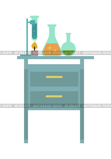 Table with Chemical Reagents. Chemical laboratory. Workplace. Lab glassware kit on table, chemical tools. Table with chemical reagents. Lab worker table chemical research process. Isolated vector illustration on white background. Стоковая иллюстрация, агентство Ingram Publishing / Фотобанк Лори