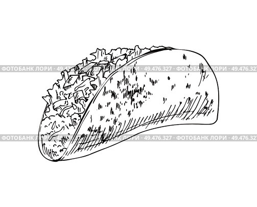 Taco burrito monochrome sketch outline. Mexican take away product, fast food meal isolated on white. Wrapped stuffing in bread vector illustration. Taco Burrito Monochrome Sketch Vector Illustration. Стоковая иллюстрация, агентство Ingram Publishing / Фотобанк Лори