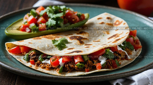 Tacos filled with savory meat and crisp vegetables rest on a rustic platter surrounded by fresh limes, tomatoes, and salsa, showcasing vibrant Mexican cuisine. Стоковое AI-изображение, AI-художник Lena Bereberdina / Фотобанк Лори