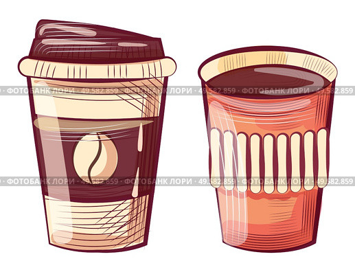 Take away coffee poured in disposable plastic or paper cup vector. Isolated hand drawn drink latte or cappuccino in mug with bean logotype flat style. Coffee Cup Made of Plastic or Paper, Takeout Drink. Стоковая иллюстрация, агентство Ingram Publishing / Фотобанк Лори