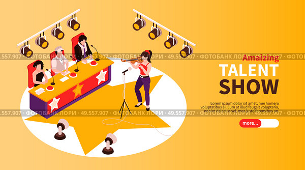 Talent show audition isometric golden background horizontal banner with violin playing participant performing before judges vector illustration. Стоковая иллюстрация, агентство Ingram Publishing / Фотобанк Лори