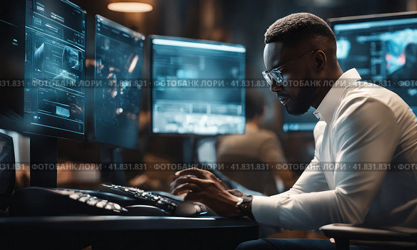 Talented Young afro dark skinned male Professional Working in a Technological Research and Development Agency. Computer Screens with Software Code and Technical Neural Network Diagrams. Multiscreen. AI. Стоковое AI-изображение, AI-художник Sergey Grishin / Фотобанк Лори