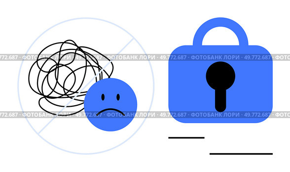 Tangled lines with a sad face representing mental struggles next to a locked lock symbolizing privacy. Ideal for mental health awareness, data security, emotional wellbeing, psychological issues. Mental Health and Privacy Representation through Symbols. Стоковая иллюстрация, агентство Ingram Publishing / Фотобанк Лори