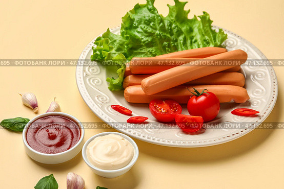 Тарелка вкусных колбасок с листовым салатом и помидорами на бежевом фоне. Стоковое фото, фотограф Pixel_shot / Фотобанк Лори