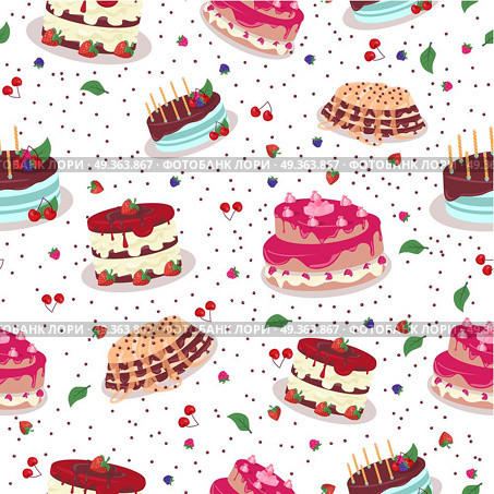 Tasty Celebratory Cakes Vector Seamless Pattern. Tasty celebratory cakes seamless pattern. Decorated with colored frosting, fruits, chocolate, cream cakes flat vector illustrations on white background. For greeting card, wrapping paper. Стоковая иллюстрация, агентство Ingram Publishing / Фотобанк Лори