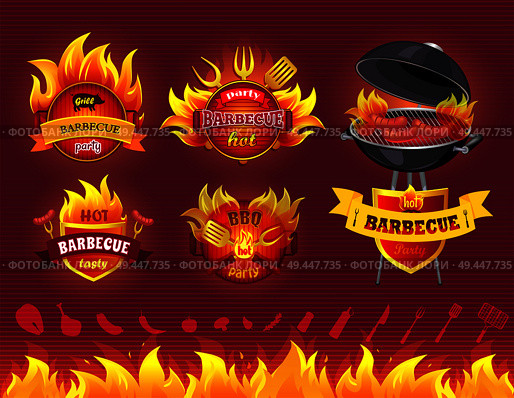 Tasty hot barbecue, BBQ grill party, set of icons, flaming labels with forks and spatulas, BBQ with roast sausages, barbecue utensil and ingredients set. Tasty Hot Barbecue, Grill Party, Set of Icons. Стоковая иллюстрация, агентство Ingram Publishing / Фотобанк Лори