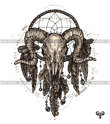 Tattoo aries and dream catcher. Zodiac sign with decorative elements of Indian and boho. Стоковая иллюстрация, иллюстратор Александр Павлов / Фотобанк Лори