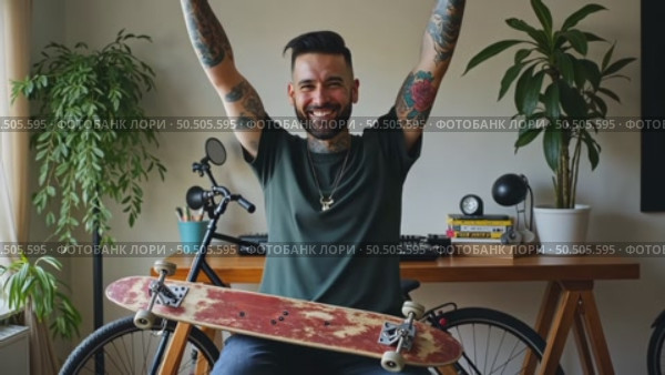 Tattooed lucky freelancer in front of his working space, surrounded with his hobby toys longboard, vintage bicycle and green plant, stretching his hand in air. Стоковое AI-видео, аниматор Sergey Grishin / Фотобанк Лори