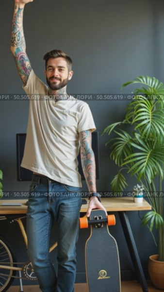 Tattooed lucky freelancer in front of his working space, surrounded with his hobby toys longboard, vintage bicycle and green plant, stretching his hand in air. Стоковое AI-видео, аниматор Sergey Grishin / Фотобанк Лори