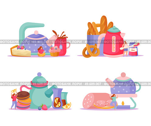 Tea time flat 4x1 set of isolated compositions with teapots cups snacks and doodle human characters vector illustration. Tea Ceremony Compositions Set. Стоковая иллюстрация, агентство Ingram Publishing / Фотобанк Лори