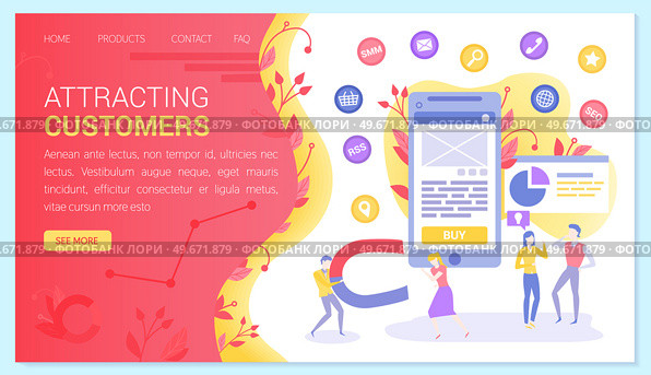 Team of marketers exploring customer base in mobile app. Attracting customers, proper digital marketing concept. Tool for successful business development. People work with online advertising. Team of marketers advertising online in mobile app. Attracting customers, proper digital marketing. Стоковая иллюстрация, агентство Ingram Publishing / Фотобанк Лори