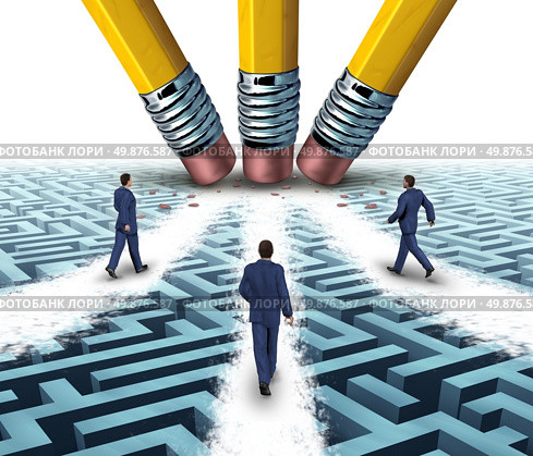 Team solutions with a group of business people walking over a clear path on a confusing maze or labyrinth that has been cleared by three pencil erasers as a teamwork business concept. Стоковое фото, агентство Ingram Publishing / Фотобанк Лори