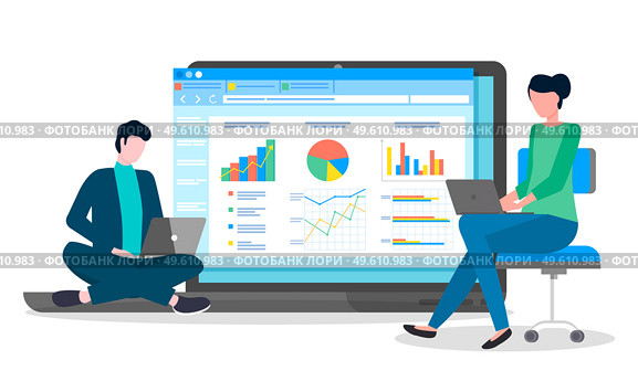 Teamwork business plan development. Project management and marketing planning strategy. Choosing way to attract customers. Woman and man with laptop office workers analyzes indicators on presentation. Teamwork business plan development. Project management and marketing planning strategy flat design. Стоковая иллюстрация, агентство Ingram Publishing / Фотобанк Лори