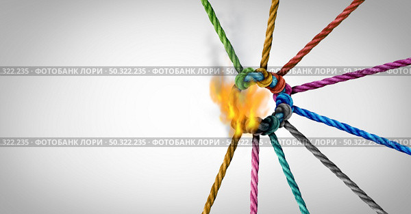 Teamwork crisis and disconnect concept as a business metaphor for losing a partnership as diverse ropes connected together being torn apart with burning flames as a corporate symbol for cooperationwith 3D render elements. Стоковое фото, агентство Ingram Publishing / Фотобанк Лори