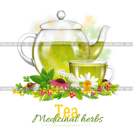 Teapot And Tea Cup Medicinal Herbs Illustration. Glass teapot and teacup surrounded with medicinal herbs and flowers on white background with title isolated vector illustration. Стоковая иллюстрация, агентство Ingram Publishing / Фотобанк Лори