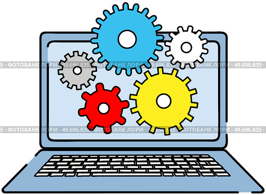 Technical support, computer service concept. Gear icons on screen software setup and repair. Program for working with device or maintenance of electronic equipment. Installation of technology settings. Technical support, computer service concept. Gear icons on screen, software setup and repair. Стоковая иллюстрация, агентство Ingram Publishing / Фотобанк Лори
