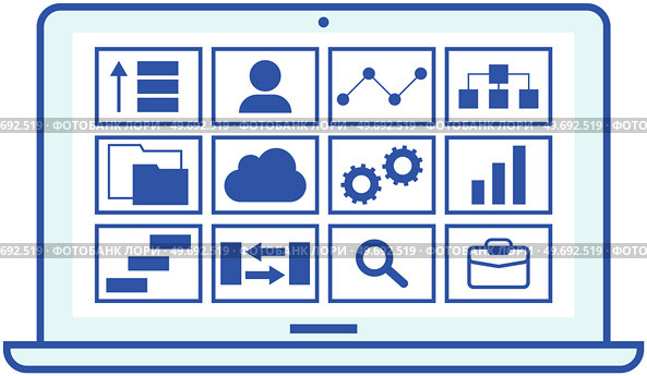 Technical support services for PC concept. Computer app, shortcut icons on screen vector illustration. Program for working with maintenance, software development. Installation of technology settings. Computer app, shortcut icons on screen. Programs for working with maintenance, software, settings. Стоковая иллюстрация, агентство Ingram Publishing / Фотобанк Лори