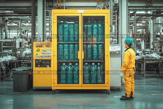 Technician monitoring pet preform storage in a beverage factory. Стоковое AI-изображение, AI-художник Юрий Поздников / Фотобанк Лори