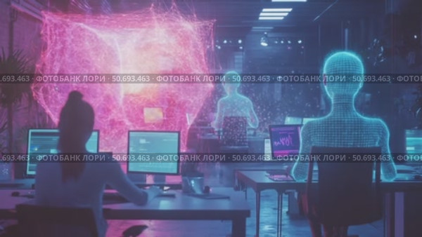 Technological innovation in a futuristic office with holograms and digital displays. Стоковое AI-видео, аниматор Ekaterina Ismagilova / Фотобанк Лори