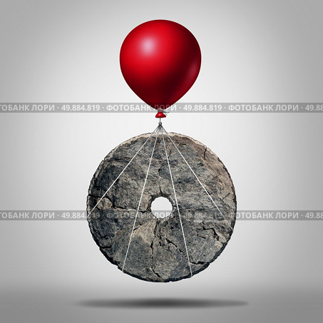 Technology progress and invention revolution,symbol as an early stone wheel being lifted by a balloon as a modernization metaphor for advancing innovation as an icon for business evolution. Стоковое фото, агентство Ingram Publishing / Фотобанк Лори