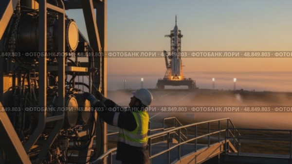 Техник в каске и защитном жилете работает с оборудованием на космодроме. На заднем плане на фоне восхода солнца стоит готовая к запуску ракета. Стоковое AI-видео, аниматор Ольга Невская / Фотобанк Лори